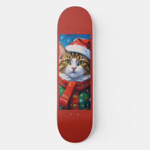 Festive Christmas Cat in Santa Hat Skateboard