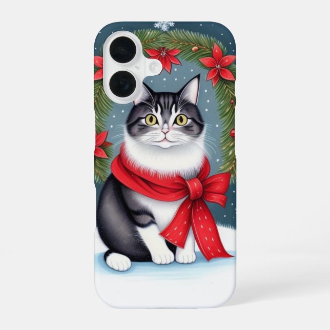 Festive Christmas Cat iPhone 16 Case (Back)