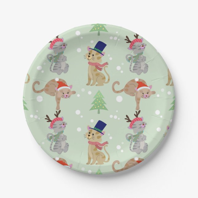 Festive Christmas Cats in Hats Design Paper Plate (Front)