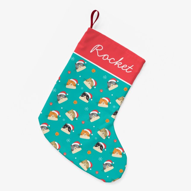 Festive Christmas Cats Pattern Personalised Small Christmas Stocking (Front (Hanging))