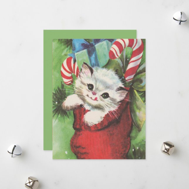 Festive Christmas cats retro vintage Holiday Card (Front/Back In Situ)