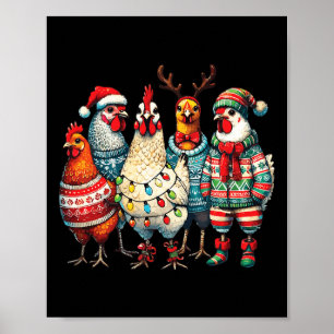 Festive Christmas Chickens Hat Lights Farm Animal  Poster