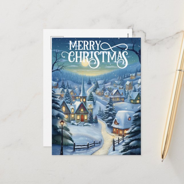 Festive Christmas Church scene add message  Holiday Postcard (Front/Back In Situ)