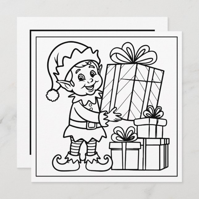 Festive Christmas colouring elf Holiday Card (Front/Back)
