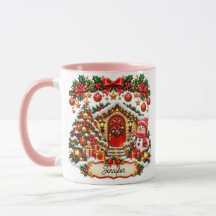 Festive Christmas Cottage with Snowman and Editabl Mug