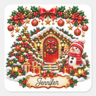Festive Christmas Cottage with Snowman and Editabl Square Sticker