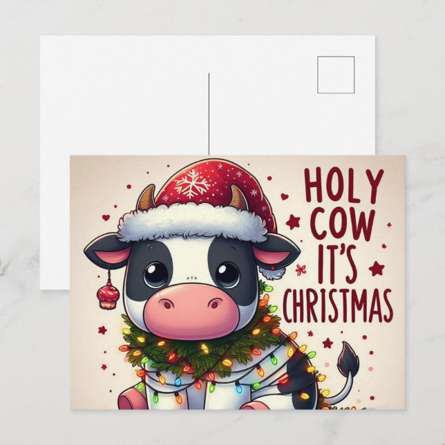 Festive Christmas Cow Holy Cow It's Christmas Postcard (Front/Back)