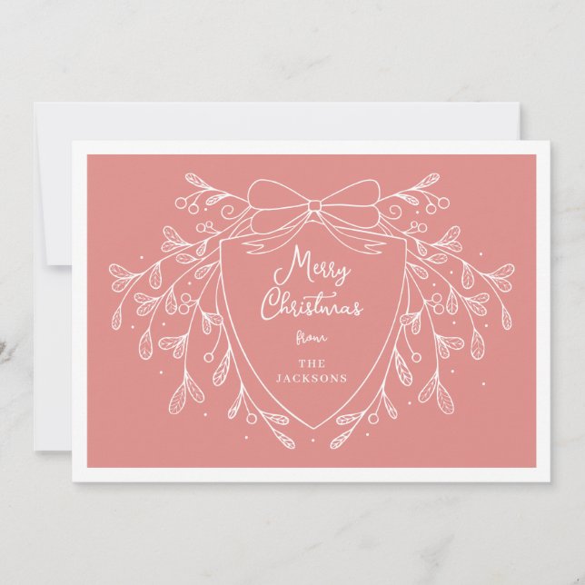 Festive Christmas crest and mistletoe light coral Holiday Card (Front)