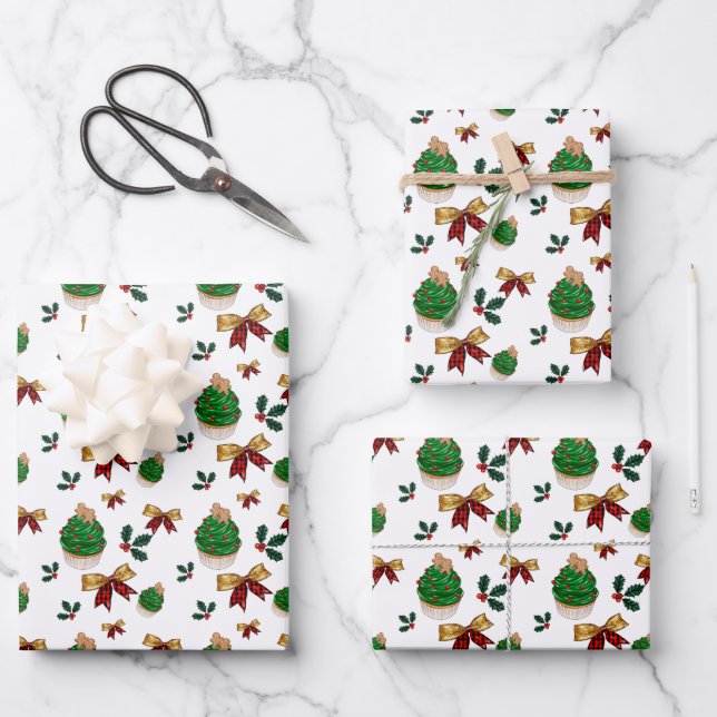 festive Christmas cupcakes bows tiled pattern Wrapping Paper Sheet (Front)