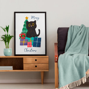 Festive Christmas Cute Cat Coffee Wall Art Poster