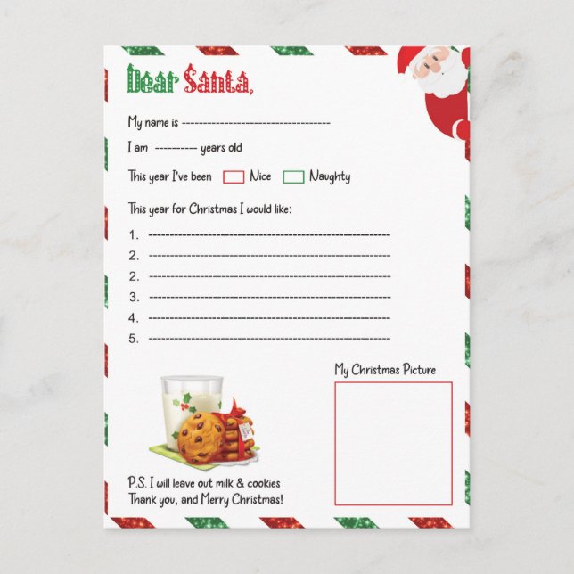 Festive Christmas dear Santa letter  Holiday Postcard (Front)