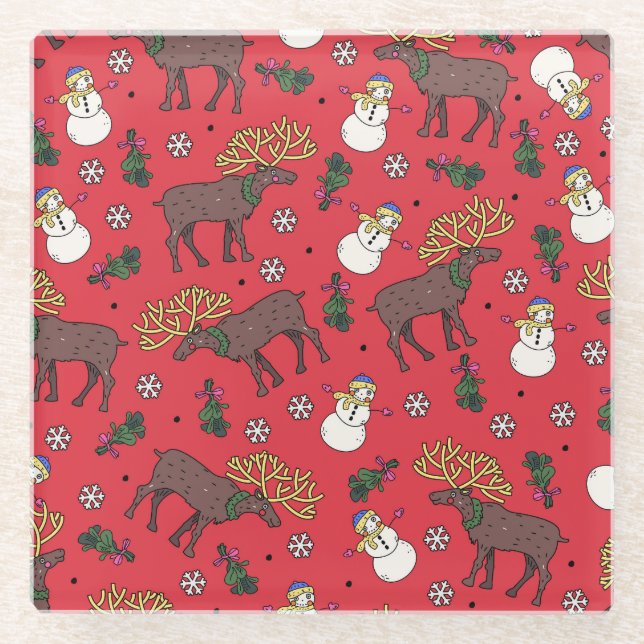 Festive Christmas Deer: Snowman Pattern Glass Coaster (Front)