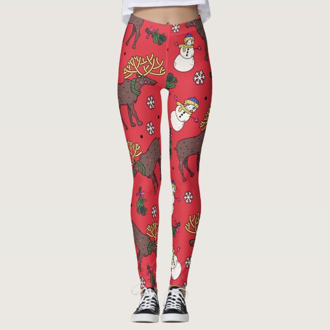 Festive Christmas Deer: Snowman Pattern Leggings (Front)