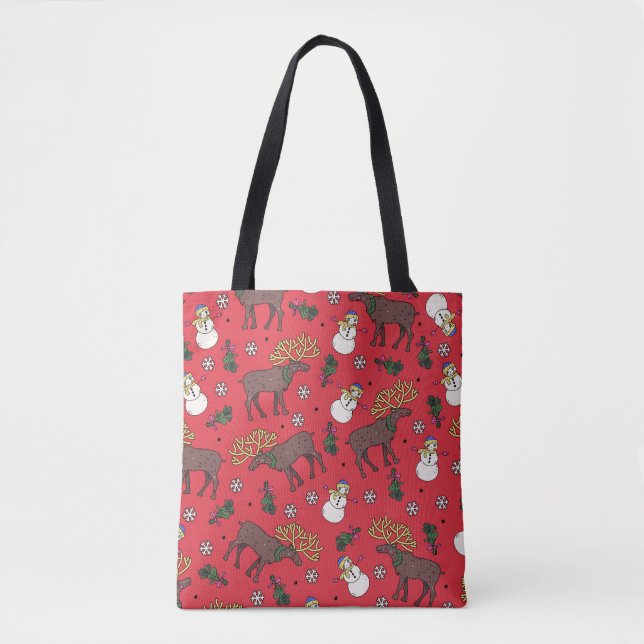 Festive Christmas Deer: Snowman Pattern Tote Bag (Front)