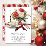 Festive Christmas Dinner Invitation<br><div class="desc">Our Christmas dinner invitation features an elegant holiday dinner place setting and a beautiful red poinsettia floral arrangement with a candle stick and red ribbon. The invitation is simple and elegant,  with a white background and black text.</div>