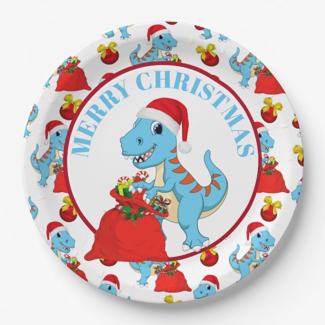 Festive Christmas dinosaur party paper plate (Front)