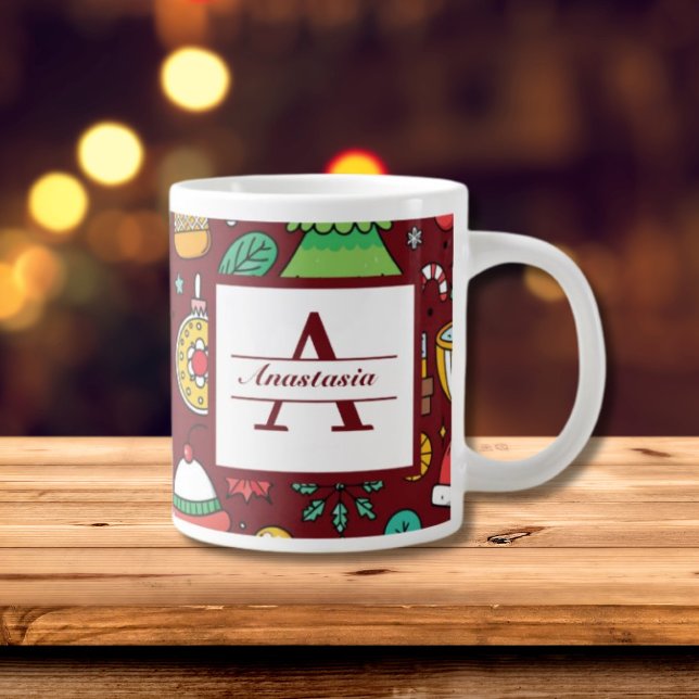 Festive Christmas Doodles Monogram Large Coffee Mug (Festive Christmas Doodles Monogram Giant Coffee Mug)
