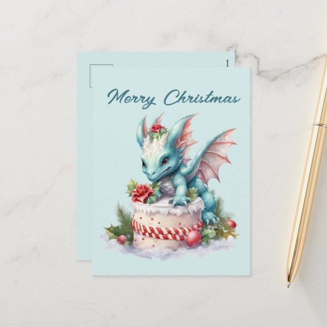 Festive Christmas dragon cake add text Holiday Postcard (Front/Back In Situ)