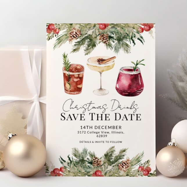 Festive Christmas Drinks Greenery Save the Date Invitation (Creator Uploaded)