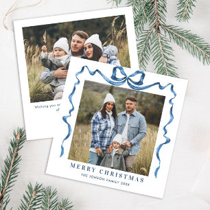 Festive Christmas Dusty Blue Bow Ribbon 2 Photo Holiday Card