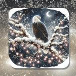 Festive Christmas Eagle Square Sticker<br><div class="desc">A sweet ai art watercolor illustration of an eagle sitting in a tree full of festive white Christmas lights with a moon shining in the background.</div>