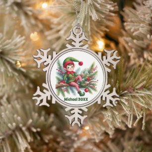 Festive Christmas elf add name date Snowflake Pewter Christmas Ornament