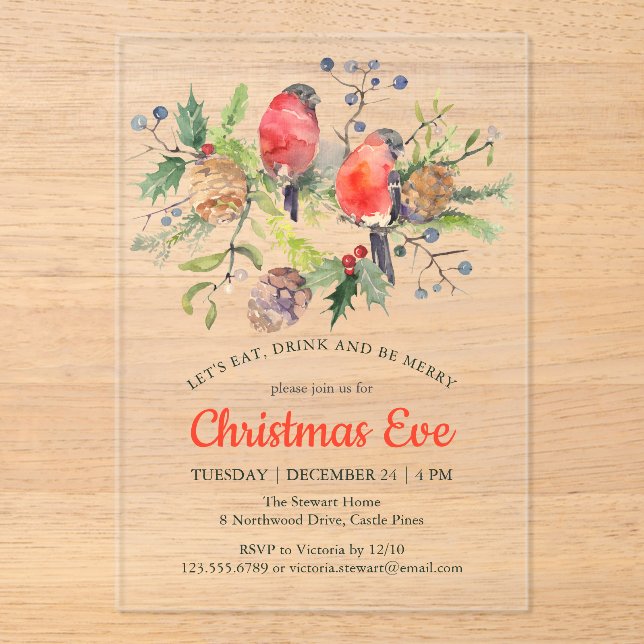 Festive Christmas Eve Watercolor Bullfinch Floral Acrylic Invitations (Front)