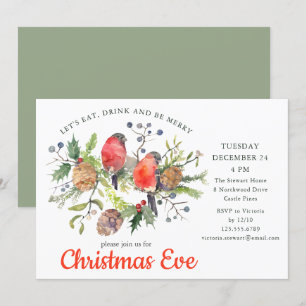 Festive Christmas Eve Watercolor Bullfinch Floral Invitation