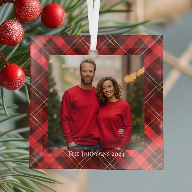 Festive Christmas Family Photo Red Plaid Tartan Glass Tree Decoration (Creator Uploaded)