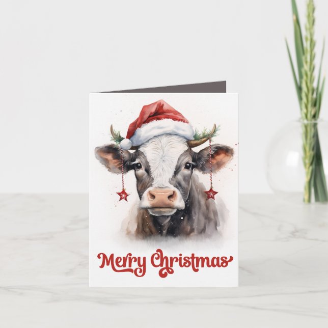 Festive Christmas farm cow add sentiment Holiday Card (Front)