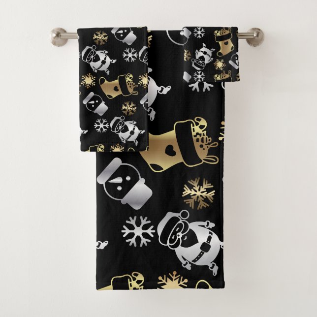 Festive Christmas Faux Gold And Silver Pattern Bath Towel Set (Insitu)