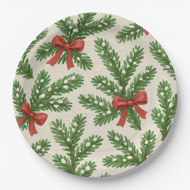 Festive Christmas fir branch and red ribbon Paper Plate (Front)