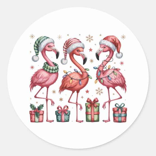 Festive Christmas Flamingo Holiday Cute Xmas Light Classic Round Sticker (Front)