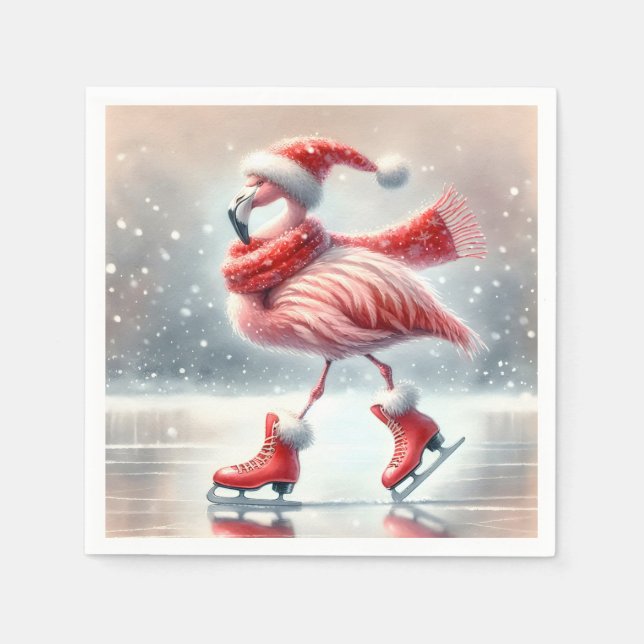 Festive Christmas Flamingo Ice Skating Napkin (Front)