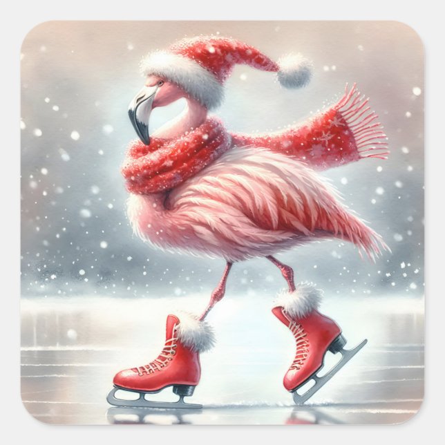Festive Christmas Flamingo Ice Skating Square Sticker (Front)