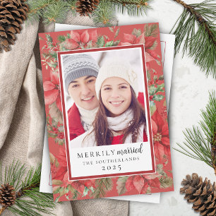 Festive Christmas Floral Merrily Married Newlywed Holiday Card