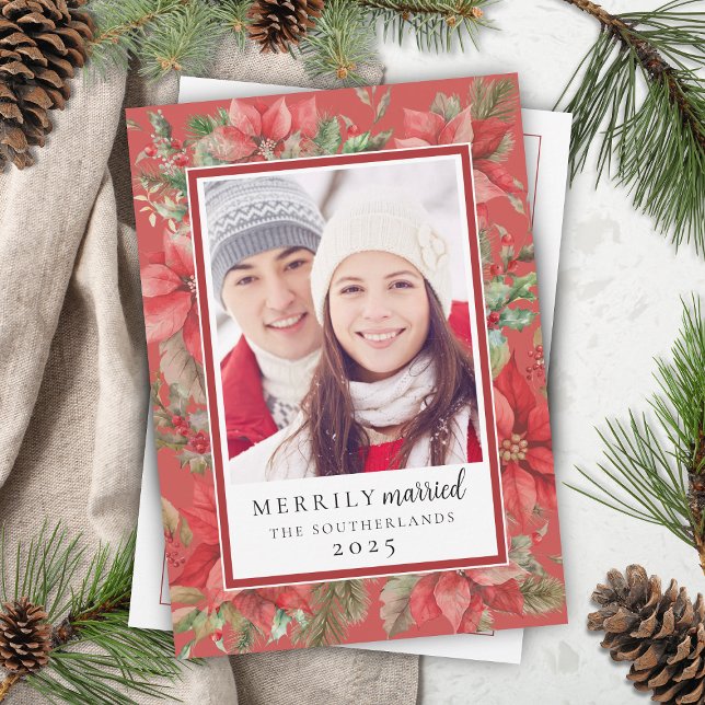 Festive Christmas Floral Merrily Married Newlywed Holiday Card (Romantic red poinsettia floral newlyweds merrily married christmas card with photo and personal note)