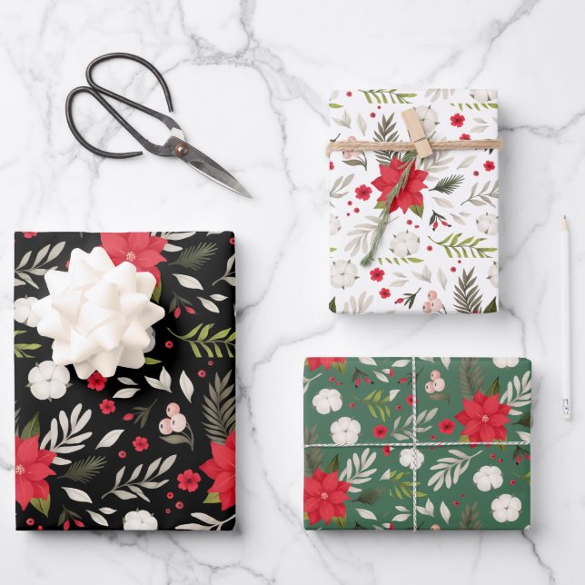 Festive Christmas Floral Pattern Coordinated Wrapping Paper Sheet (Front)
