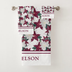Festive Christmas Floral Poinsettia Monogram Bath Towel Set