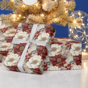 Festive Christmas Floral Red & White Poinsettias Wrapping Paper