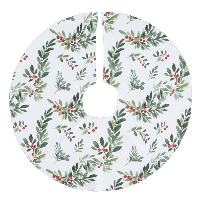 Festive Christmas Foliage Botanical Faux Linen Tree Skirt (Front)