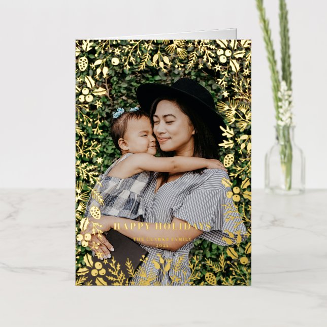 Festive Christmas Foliage Frame Happy Holidays Foil Holiday Card (Flower)