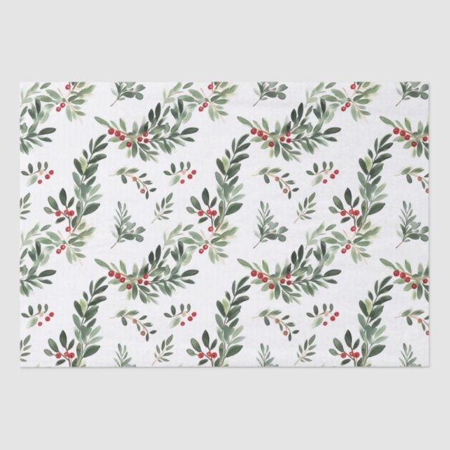 Festive Christmas Foliage Watercolor Style Holiday Tissue Paper (Front)