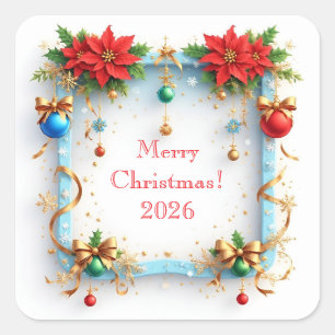 Festive Christmas Frame Decorated with Poinsettias Square Sticker