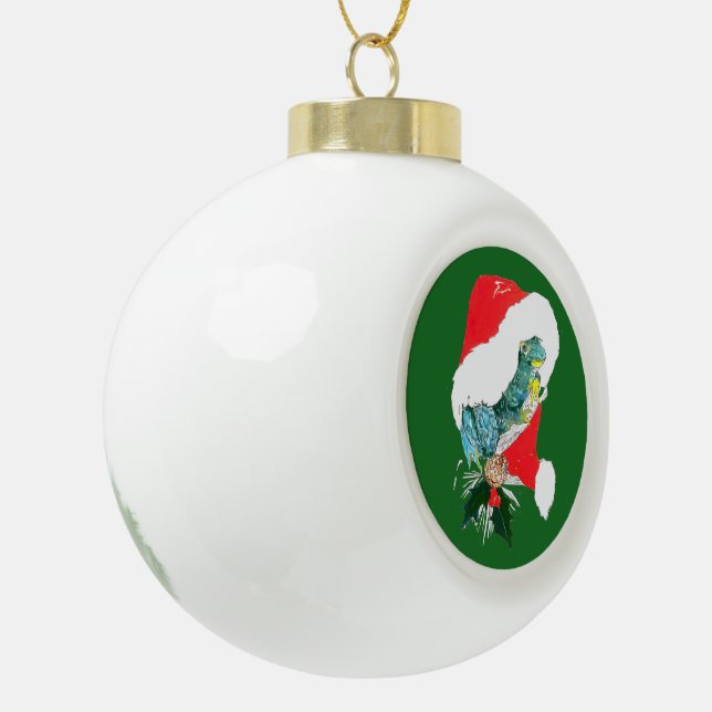 Festive Christmas Frog Santa Hat Designed Ceramic Ball Christmas Ornament (Left)