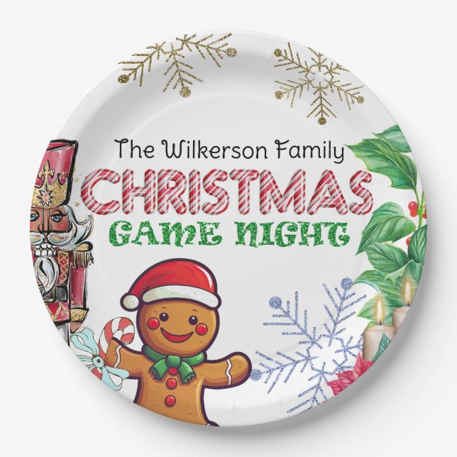 Festive Christmas Game Night Party Paper Plate (Front)