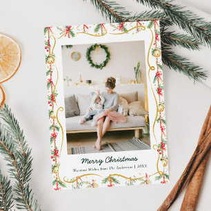 Festive Christmas Garland & Bow Pattern 1 Photo Holiday Card