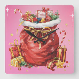 Festive Christmas Gift Sack with Presents Square Wall Clock