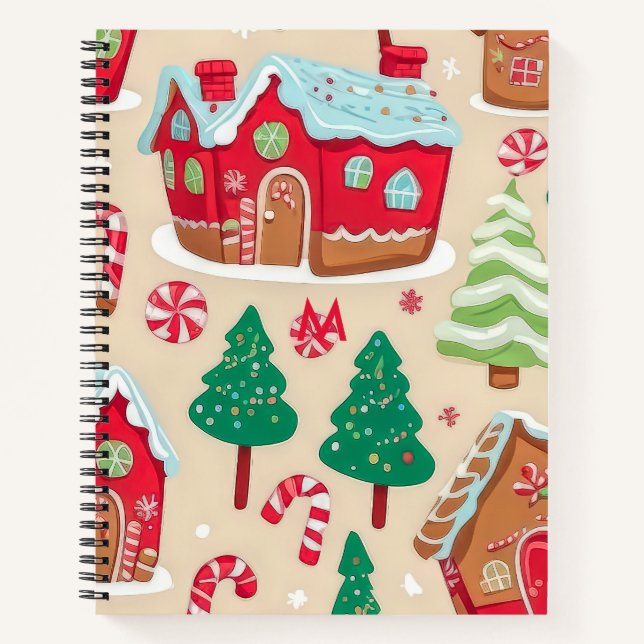 Festive Christmas Gingerbread Houses Trees Pattern Notebook (Front)