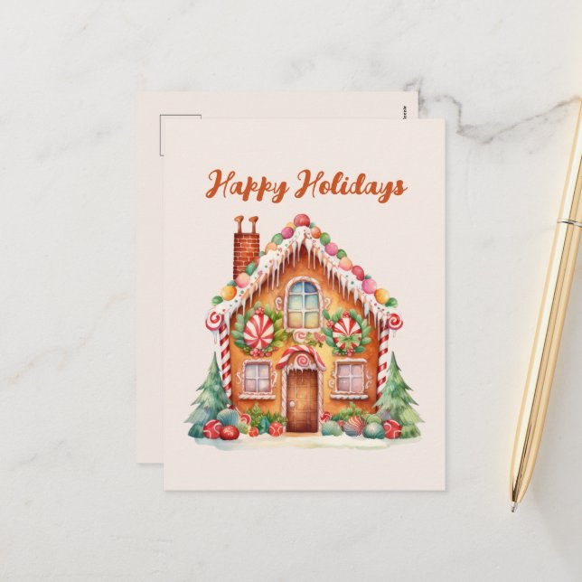 Festive Christmas gingerbread watercolor  Holiday Postcard (Front/Back In Situ)